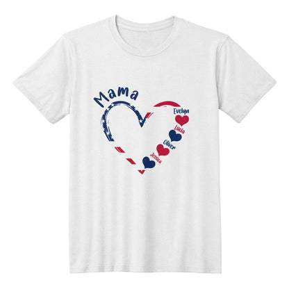 Personalized "Mama" America 250 T-Shirt – Custom Kids Names | Patriotic Mom Shirt | 4th of July Mother's Day Gift | Red White & Blue Heart Mom Tee | America 250th Birthday Shirt