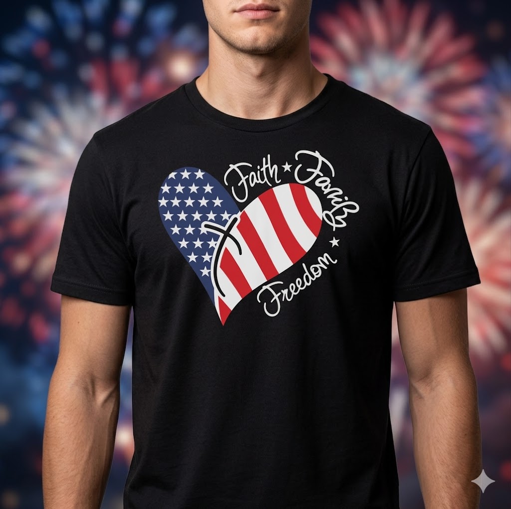 Faith Family Freedom T-Shirt – Patriotic American Flag Heart Graphic Tee