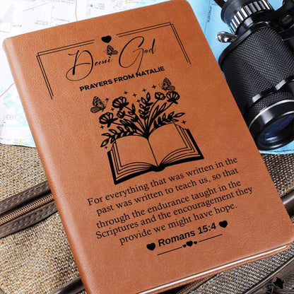 Custom “Dear God” Prayer Journal with Name – Faith features a beautiful leather cover and Romans 15:4 for heartfelt prayers.