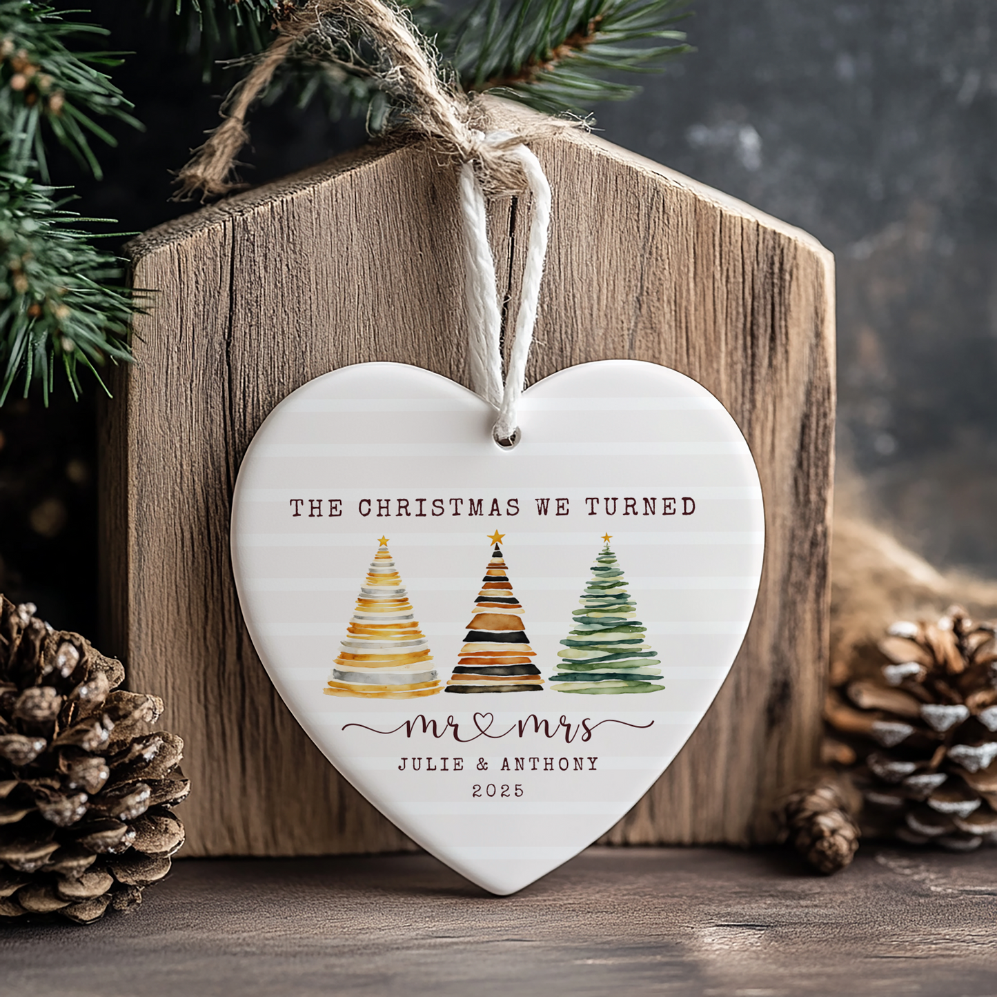 Personalized First Christmas Married Ornament – Custom Heart Ornament with Names & Year – Mr & Mrs Newlywed Christmas Keepsake