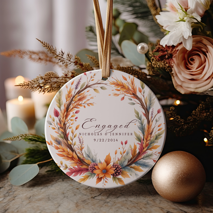 Personalized Engagement Ornament – Custom Names & Date – Wedding Bells Wreath Christmas Keepsake
