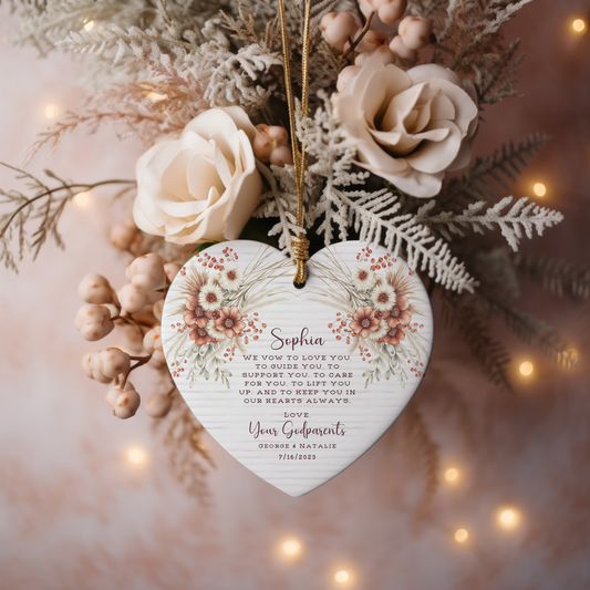 Personalized Godparent Ornament – Heart Keepsake with Child’s Name & Date – Baptism or Christening Gift