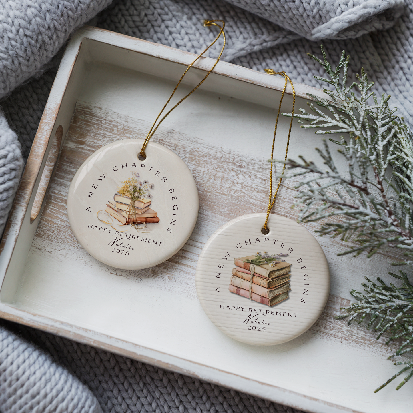 Personalized Retirement Ornament – Custom “A New Chapter Begins” Keepsake with Name & Year – Gift for Retired Coworker or Teacher