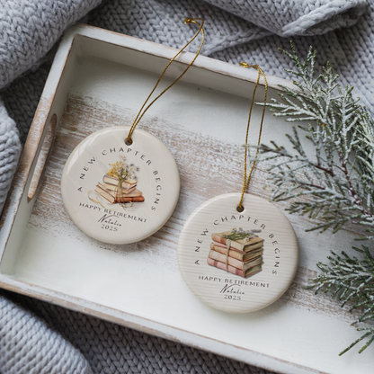 Personalized Retirement Ornament – Custom “A New Chapter Begins” Keepsake with Name & Year – Gift for Retired Coworker or Teacher