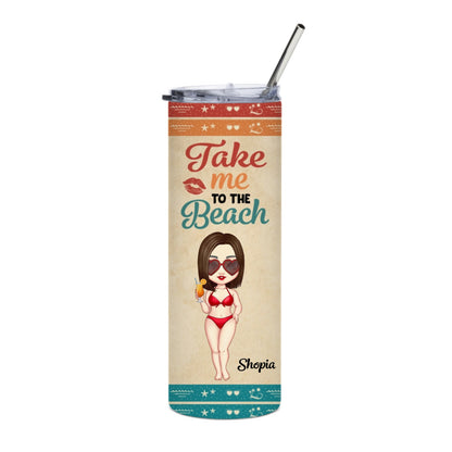 Personalized “Take Me to the Beach” 20oz Skinny Tumbler – Custom Summer Travel Cup with Name & Character !