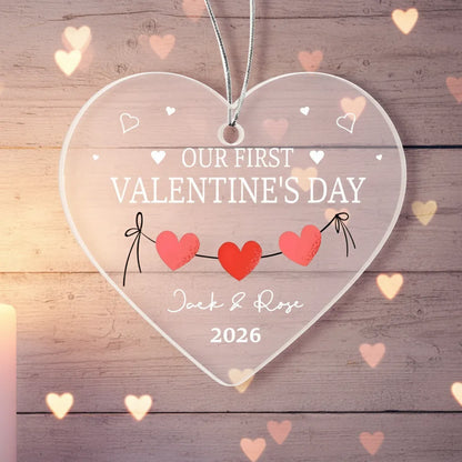 Personalized Acrylic Heart Ornament – Our First Valentine’s Day Gift, Custom Names & Year Couple Love Keepsake
