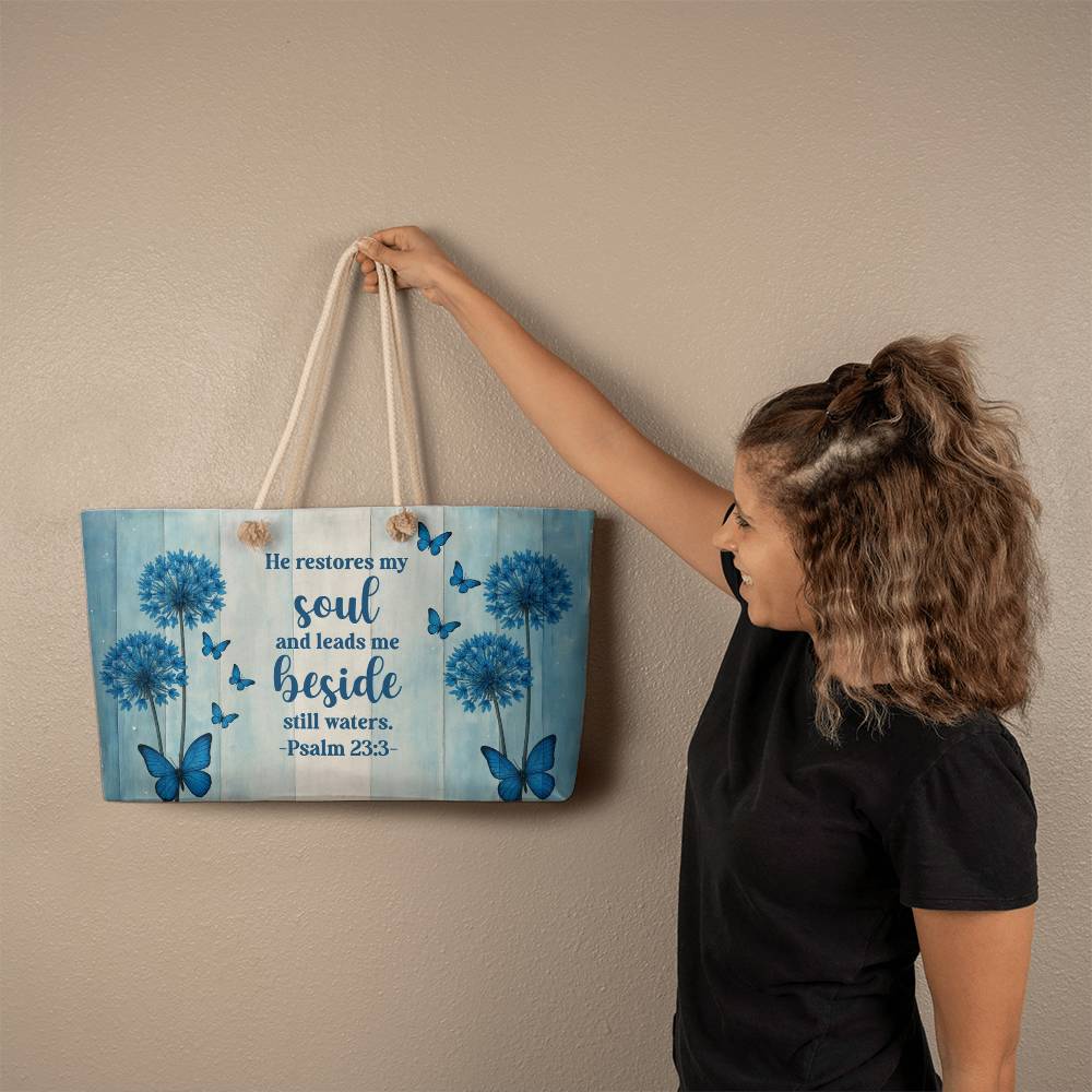 Blue Faith Weekender Tote – Psalm 23:3 Christian Bag