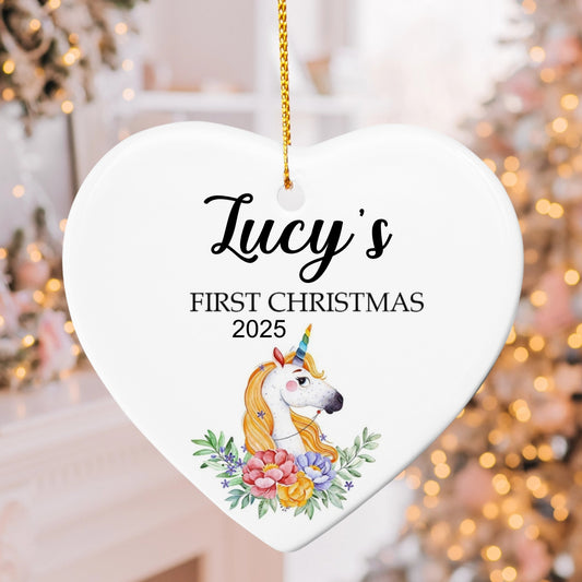 Personalized Baby’s First Christmas Ornament 2025 – Custom Unicorn Heart Ornament with Name, Cute Keepsake Gift for Baby Girl