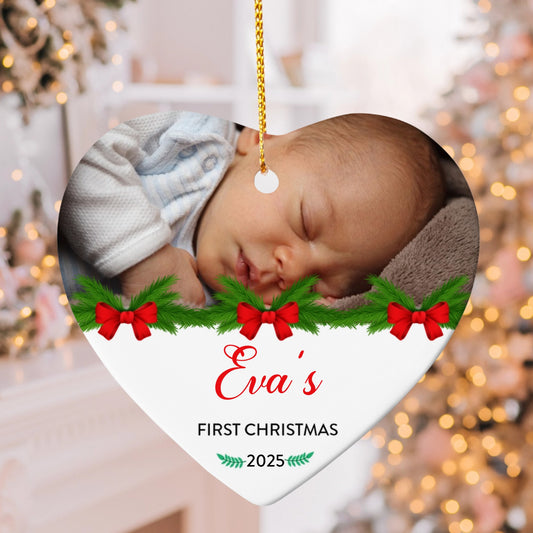 Personalized Baby’s First Christmas Ornament 2025 – Custom Photo Heart Ornament with Red Bow & Green Garland, Baby Name Keepsake Gift