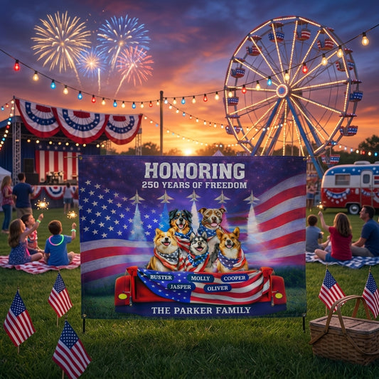 Personalized Patriotic Dog Yard Sign – "Honoring 250 Years of Freedom" | Custom Family Name & Dog Names | America 250 4th of July Yard Decor