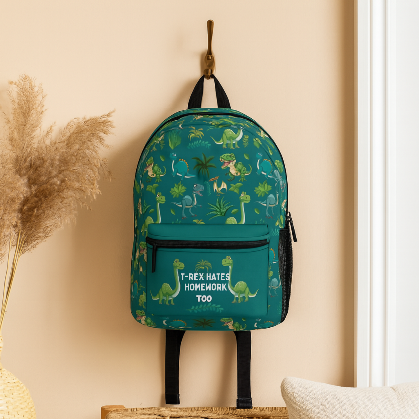 T-Rex Hates Homework Too – Funny Dinosaur Backpack for Kids