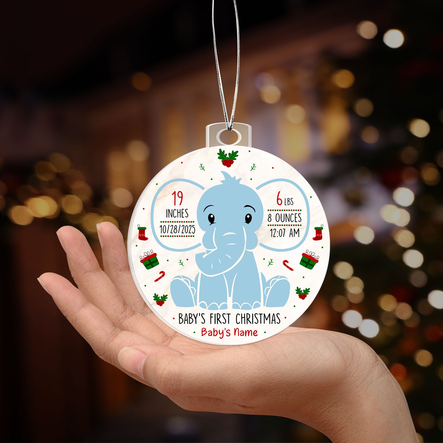 Baby’s First Christmas Ornament 2025 – Personalized Acrylic Elephant Ornament with Birth Stats, Custom Baby Girl & Boy Keepsake Gift