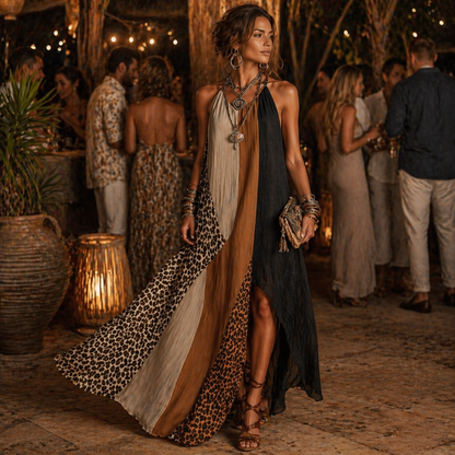 Leopard Color Block Halter Maxi Dress | Boho Slit Patchwork Dress | Summer Statement Maxi | S–3XL