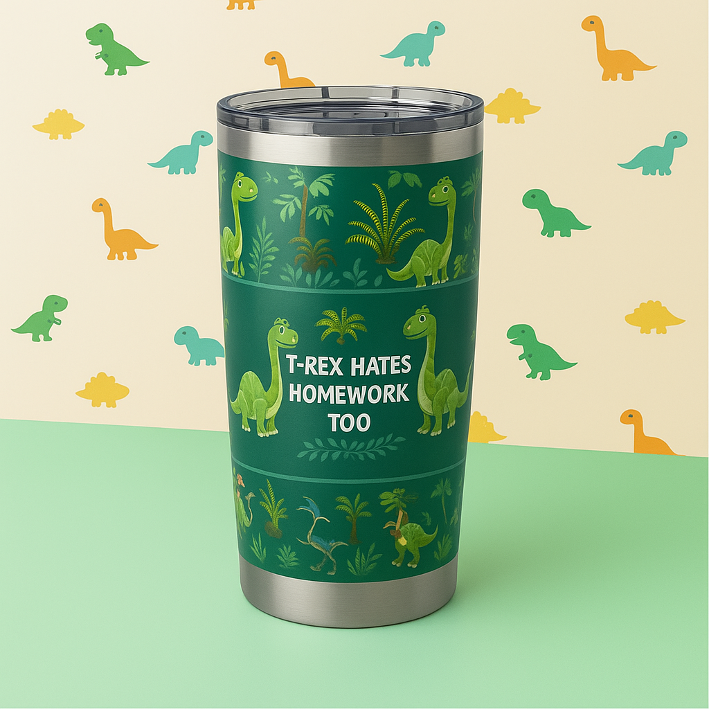 T-Rex Hates Homework Too – Funny Dinosaur 20oz Kids Tumbler