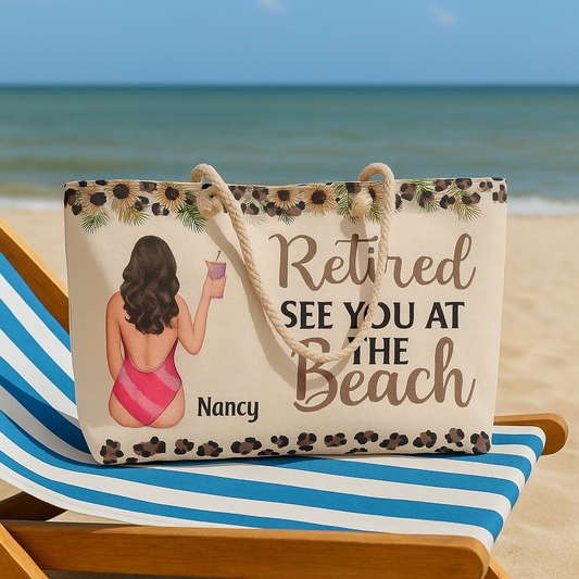 Personalized Retirement Beach Tote Bag for Women – “Retired, See You at the Beach” Custom Name Gift