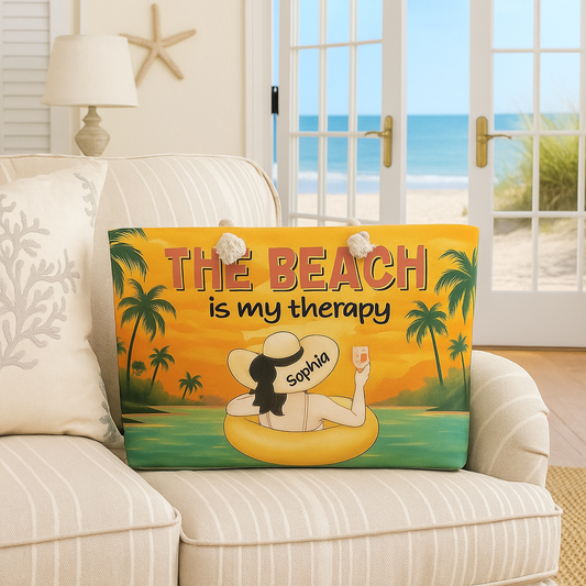 Personalized “The Beach Is My Therapy” Tote Bag – Custom Name & Character Beach Bag for Women