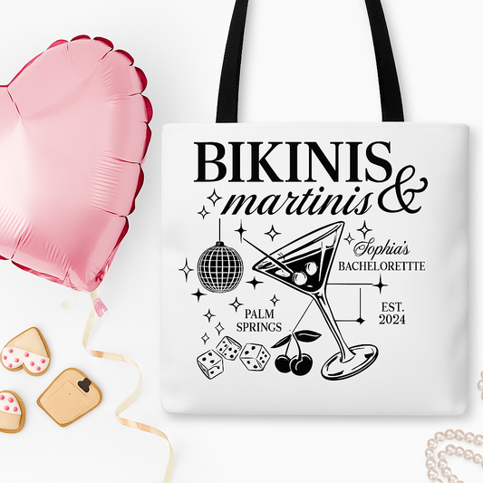 Custom "Bikinis & Martinis" Bachelorette Party Tote Bag – Personalized Bridal Beach Bag