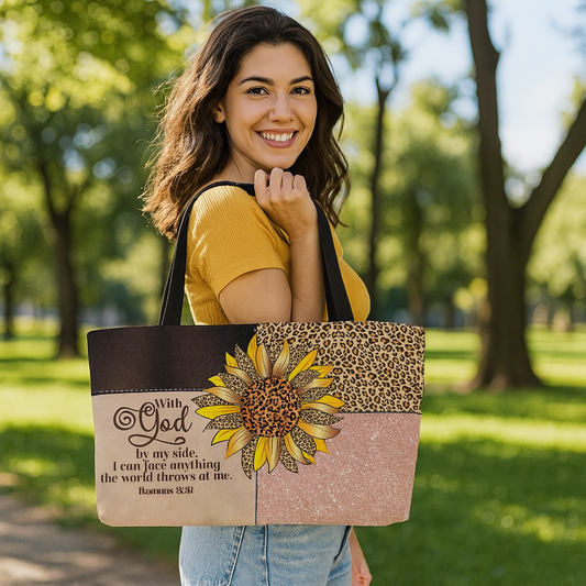 Faith & Fierce Weekender Tote Bag – Leopard Print Christian Travel Bag with Sunflower and Bible Verse