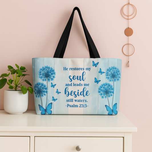 Blue Faith Weekender Tote – Psalm 23:3 Christian Bag