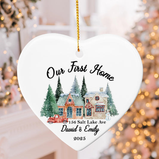 Personalized Our First Home Ornament 2025 – Custom Address & Name Heart Ornament, New Home Christmas Keepsake Gift for Couples