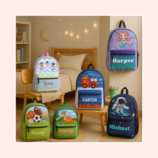 Personalized Name with Ballerina, Dinosaur, Firetruck, Mermaid, Sports, Space Backpack !