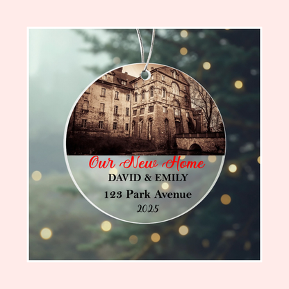 Our New Home Ornament 2025 – Personalized Acrylic Circle Ornament with Photo, Names & Address