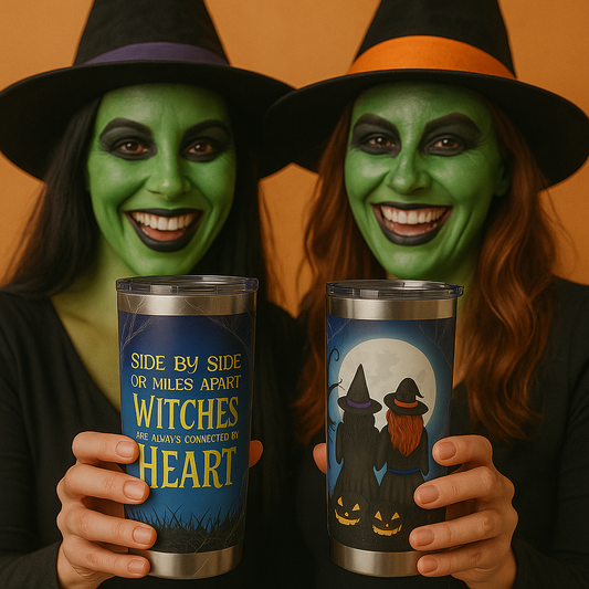 Side by Side or Miles Apart Witches Tumbler – Best Friend Halloween Gift, Stainless Steel Travel Cup