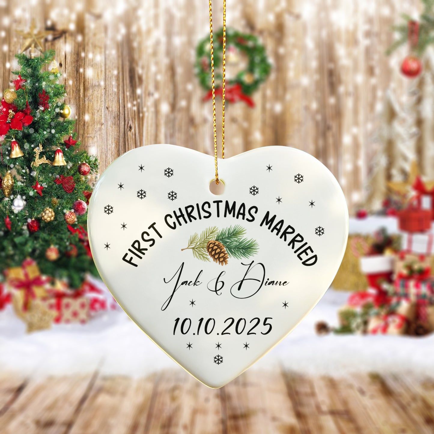 First Christmas Married Ornament 2025 – Personalized Ceramic Heart Ornament for Couples, Pinecone Christmas Decoration, Custom Newlywed Gift