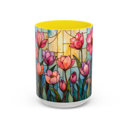 Stained Glass Tulip Mug – Floral Coffee Mug | Botanical Art Mug | Mother's Day, Birthday, Easter Gift for Her | 11oz & 15oz Accent Coffee Mug