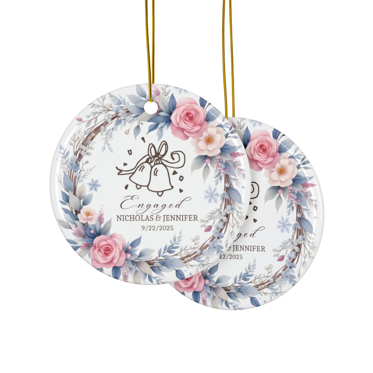 Personalized Engagement Ornament,  Custom Names & Date, Wedding Bells Wreath Christmas Keepsake for Engaged Couples