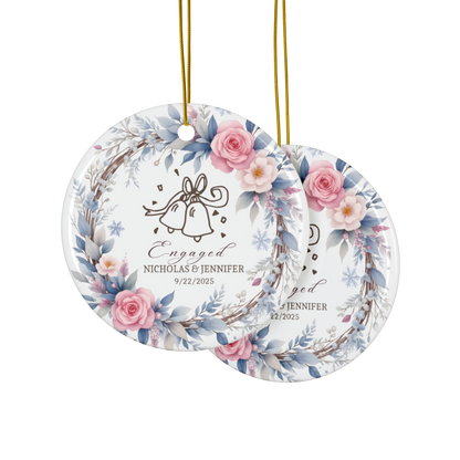 Personalized Engagement Ornament,  Custom Names & Date, Wedding Bells Wreath Christmas Keepsake for Engaged Couples