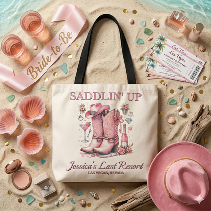 Saddlin’ Up Bachelorette Tote – Custom Bride Name & Party Location Tote Bag