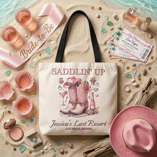 Saddlin’ Up Bachelorette Tote – Custom Bride Name & Party Location Tote Bag