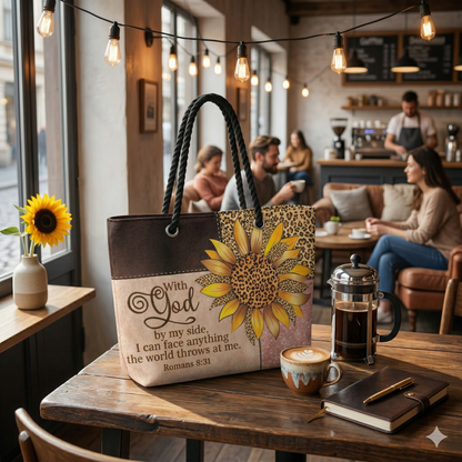 Faith & Fierce Weekender Tote Bag – Leopard Print Christian Travel Bag with Sunflower and Bible Verse
