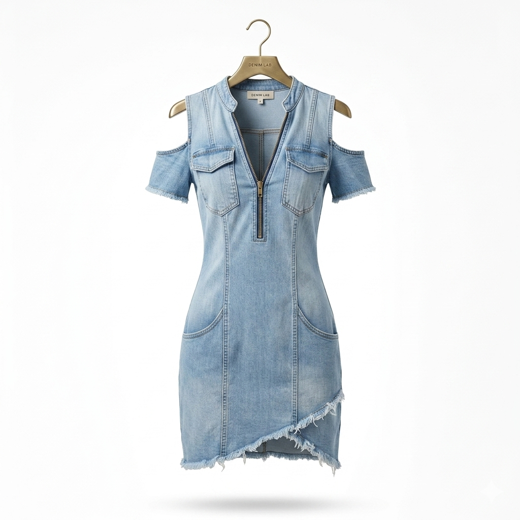 Cold Shoulder Denim Mini Dress – Zip Up V-Neck Jean Dress | Raw Hem Distressed Denim Dress | Women's Summer Casual Dress
