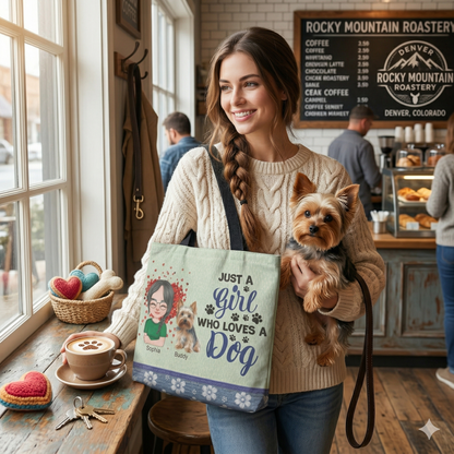 Just a Girl Who Loves a Dog" Personalized Tote Bag – Custom Girl & Dog Characte | Dog Lover Tote Bag