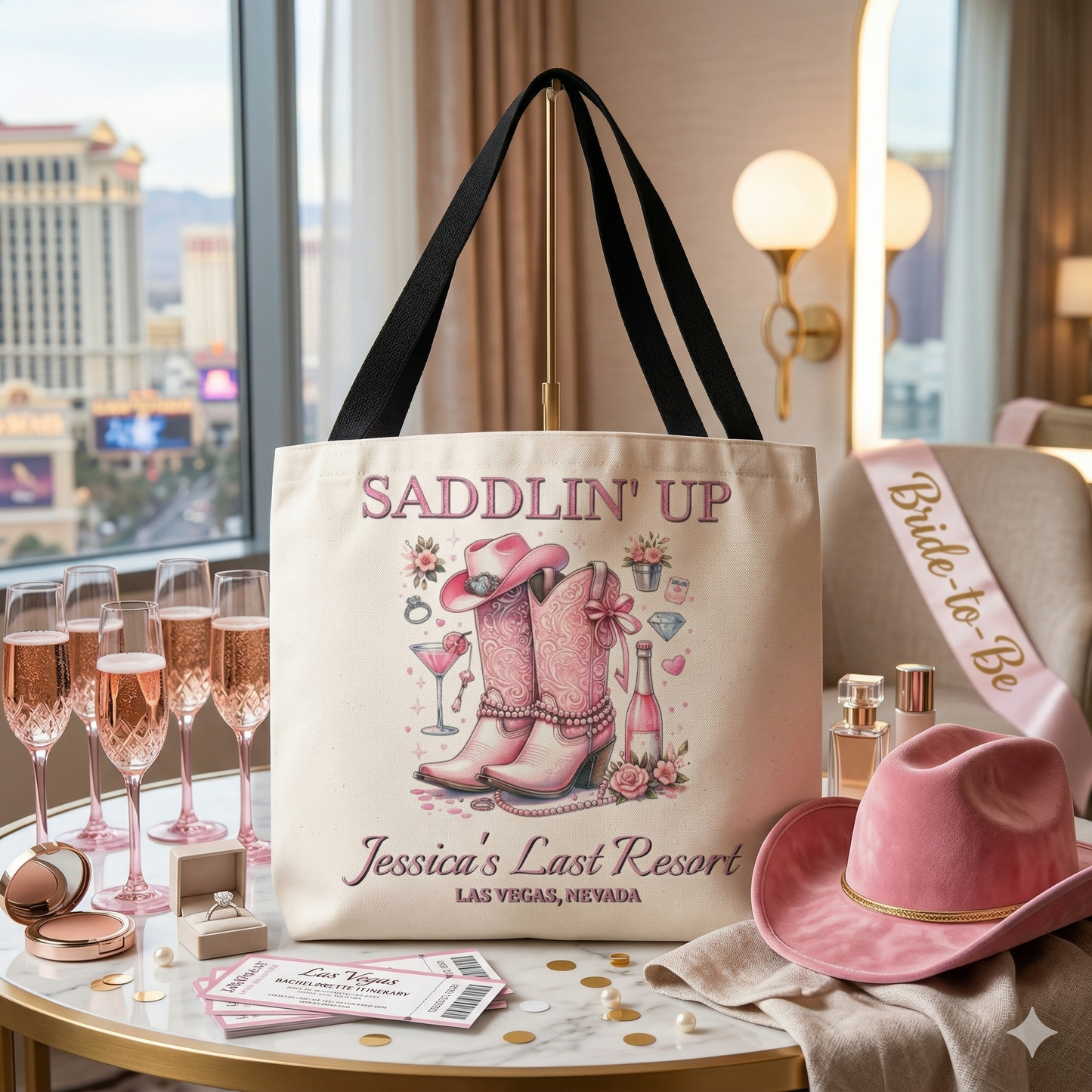 Saddlin’ Up Bachelorette Tote – Custom Bride Name & Party Location Tote Bag