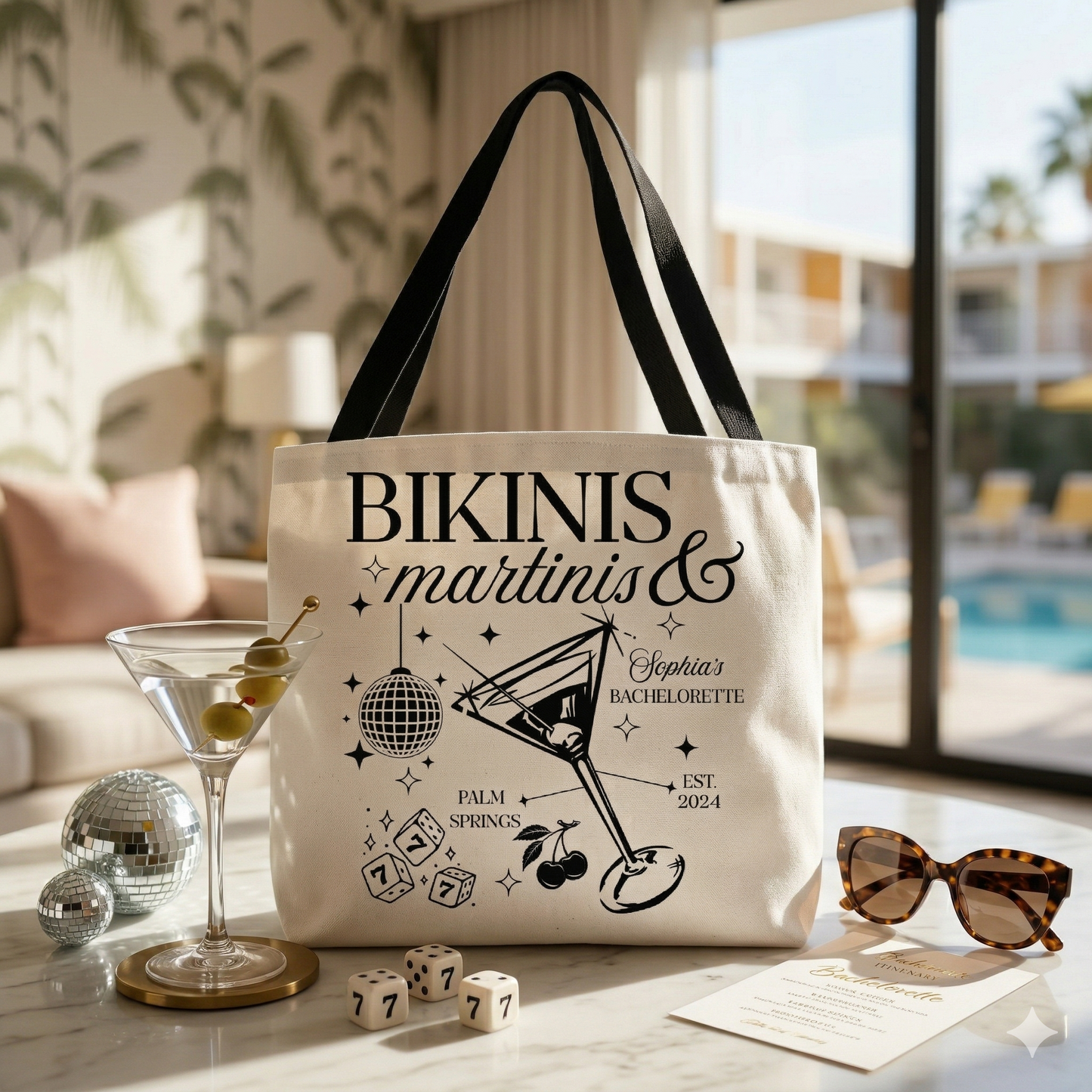 Custom "Bikinis & Martinis" Bachelorette Party Tote Bag – Personalized Bridal Beach Bag