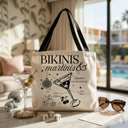 Custom "Bikinis & Martinis" Bachelorette Party Tote Bag – Personalized Bridal Beach Bag