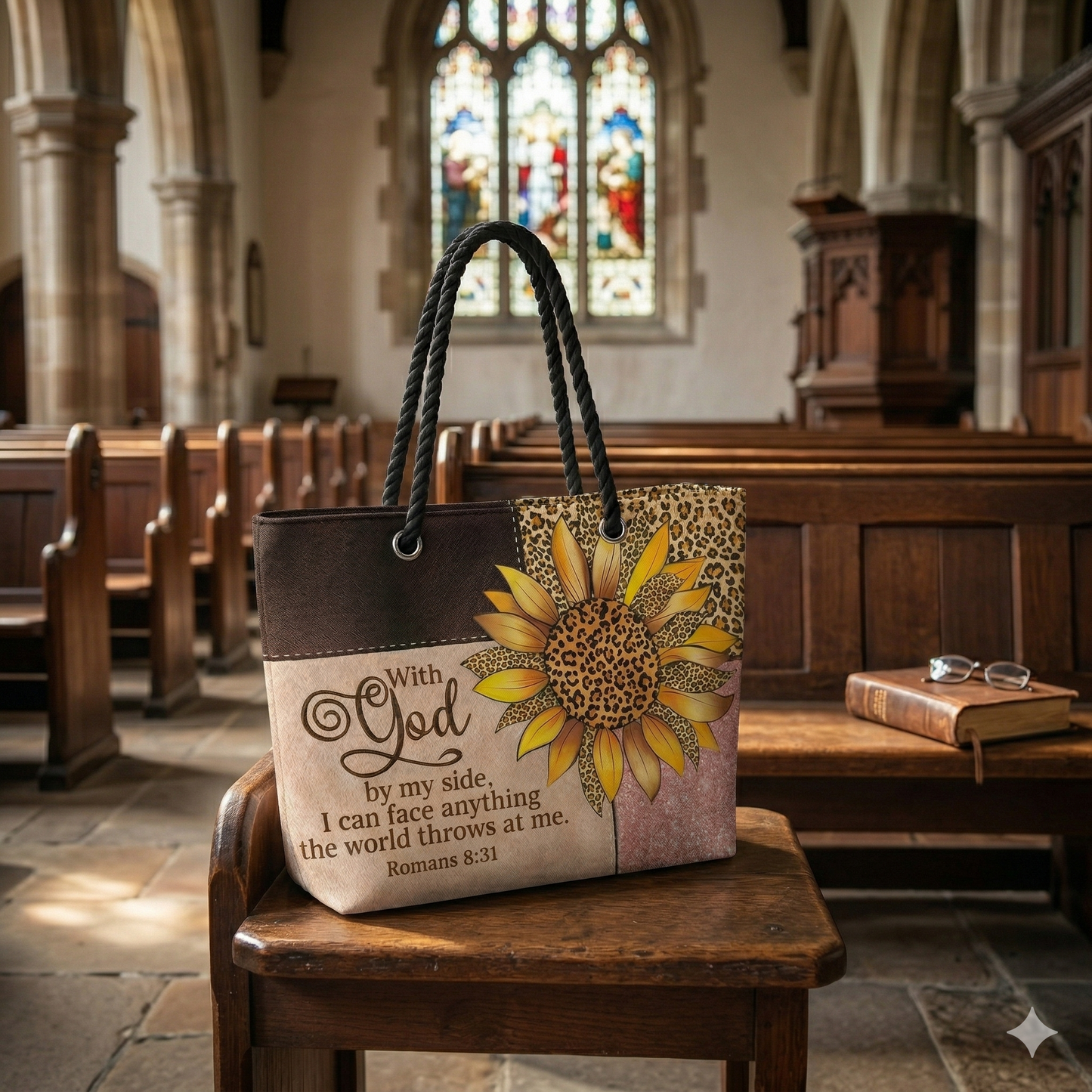 Faith & Fierce Weekender Tote Bag – Leopard Print Christian Travel Bag with Sunflower and Bible Verse