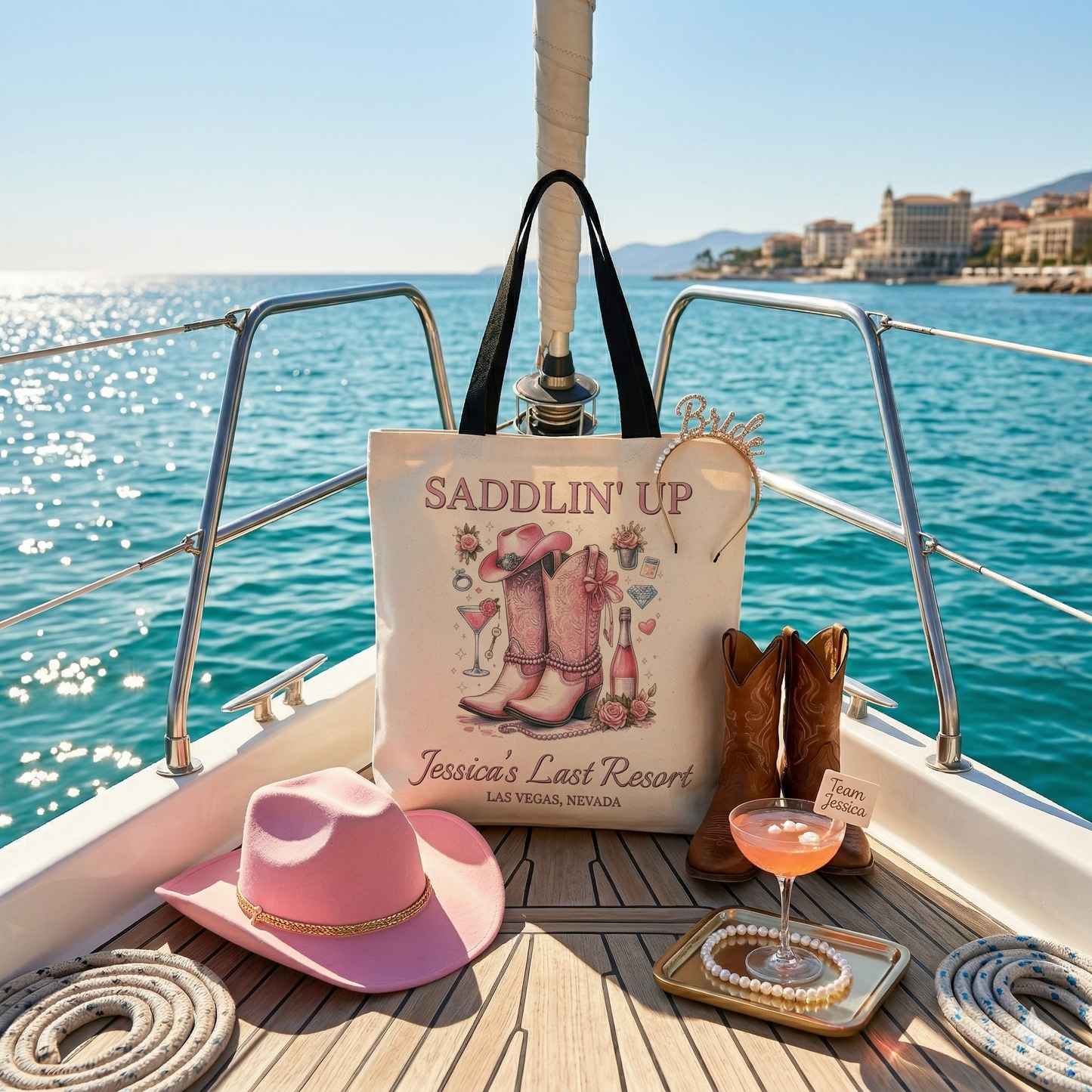 Saddlin’ Up Bachelorette Tote – Custom Bride Name & Party Location Tote Bag