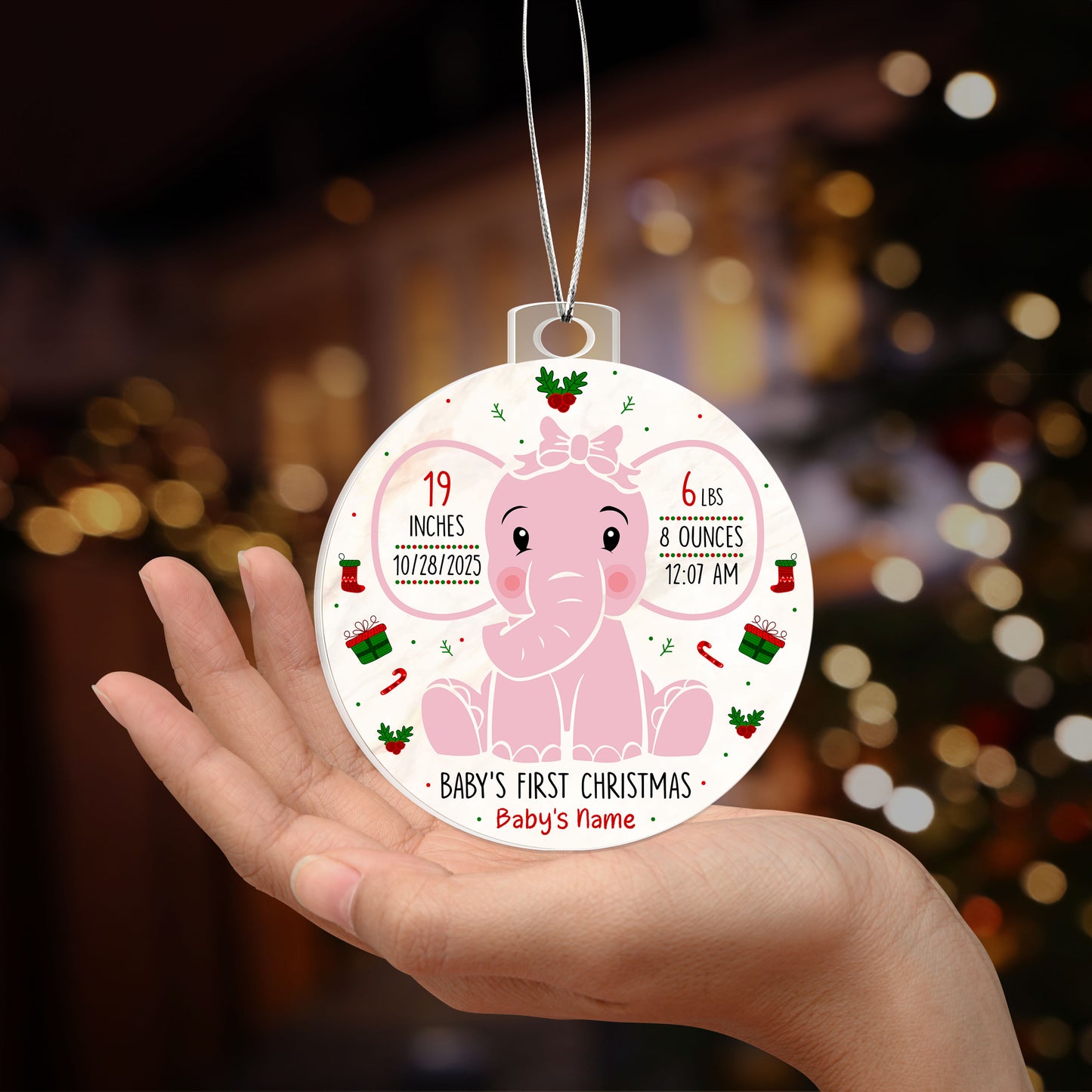 Baby’s First Christmas Ornament 2025 – Personalized Acrylic Elephant Ornament with Birth Stats, Custom Baby Girl & Boy Keepsake Gift
