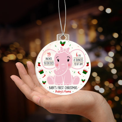 Baby’s First Christmas Ornament 2025 – Personalized Acrylic Elephant Ornament with Birth Stats, Custom Baby Girl & Boy Keepsake Gift