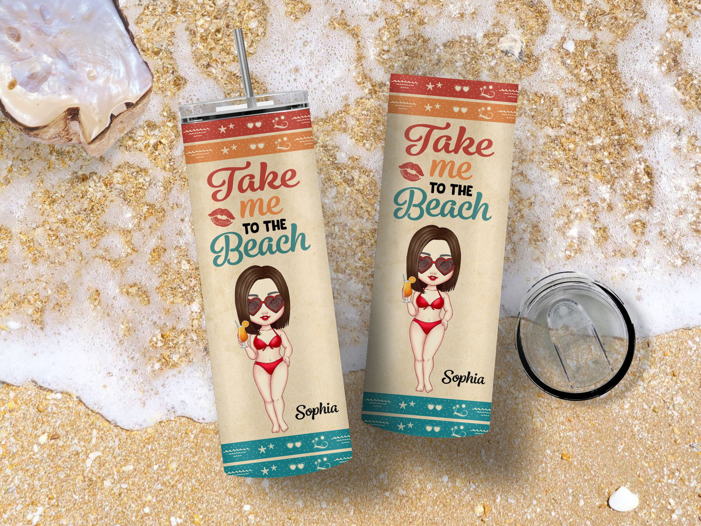 Personalized “Take Me to the Beach” 20oz Skinny Tumbler – Custom Summer Travel Cup with Name & Character !