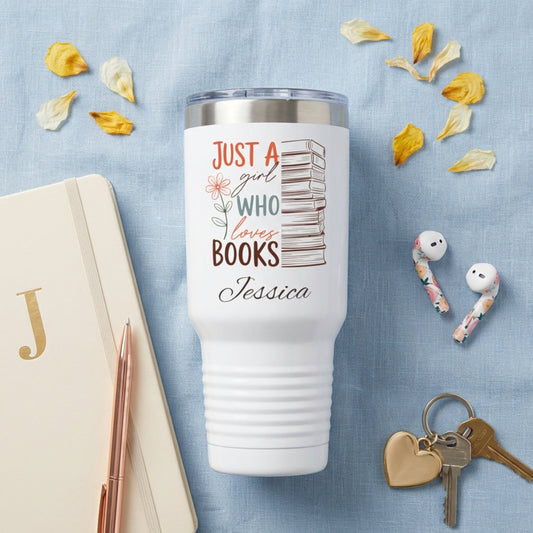Just a Girl Who Loves Books" Personalized Tumbler – Custom Name | Book Lover Gift | Reader Tumbler | Bookworm Gift for Her | 40oz Insulated Tumbler with Handle