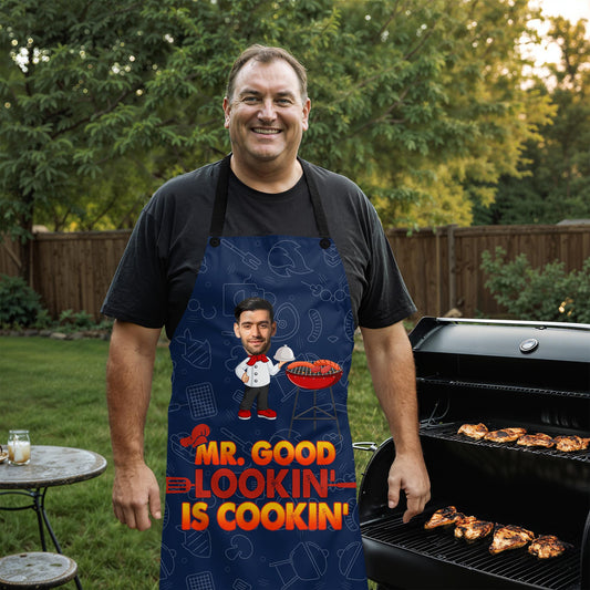 Custom Face & Name "Mr. Good Lookin’ Is Cookin’" BBQ Apron