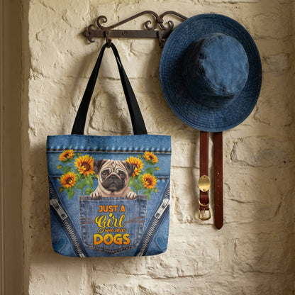 Just a Girl Who Loves Dogs" Tote Bag – Choose Your Dog Breed | Dog Mom Gift | Sunflower Denim Dog Tote | Gift for Dog Lover | Dog Breed Tote Bag