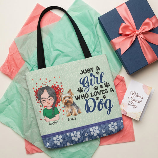 Just a Girl Who Loves a Dog" Personalized Tote Bag – Custom Girl & Dog Characte | Dog Lover Tote Bag