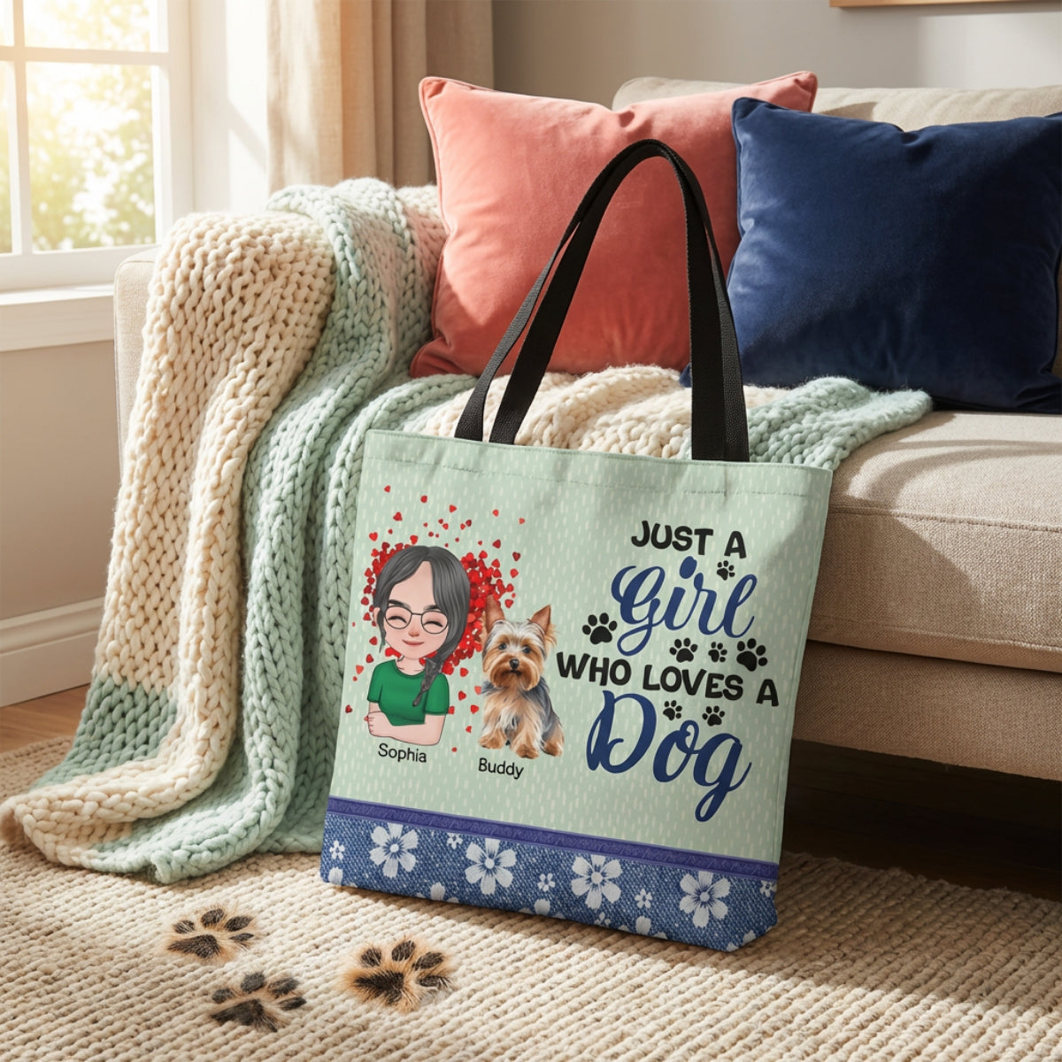 Just a Girl Who Loves a Dog" Personalized Tote Bag – Custom Girl & Dog Characte | Dog Lover Tote Bag