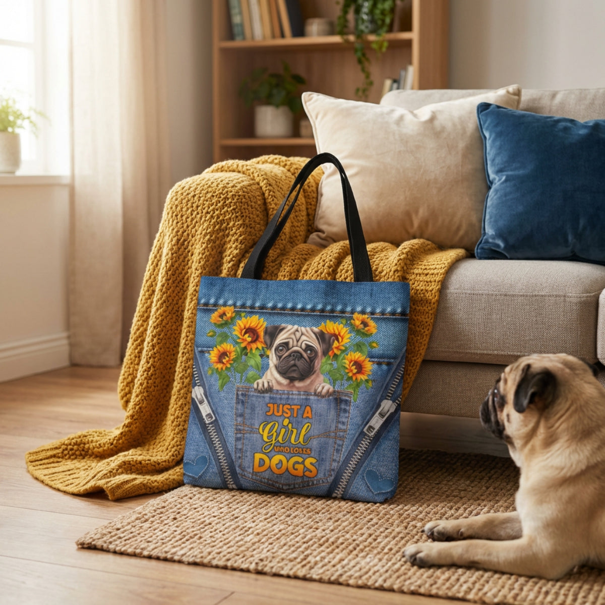 Just a Girl Who Loves Dogs" Tote Bag – Choose Your Dog Breed | Dog Mom Gift | Sunflower Denim Dog Tote | Gift for Dog Lover | Dog Breed Tote Bag